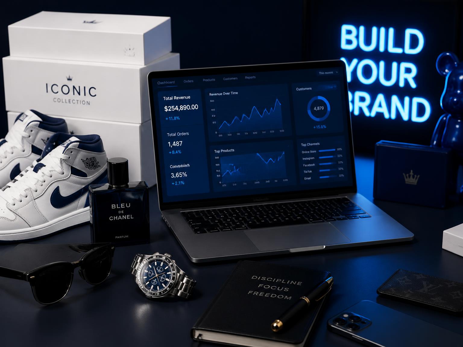 Luxury products, shipping boxes and an analytics dashboard on a reseller workspace
